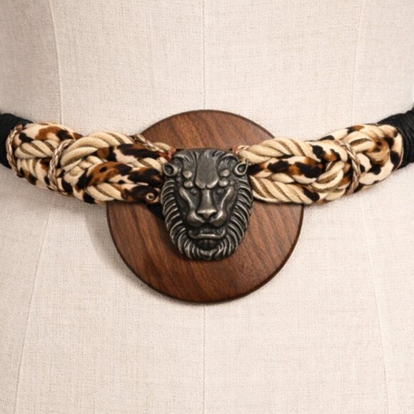 Vintage 80\'s statement belt lion head jungle braided stretchy one size main image 6